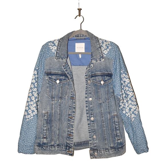 AVEC LES FILLES $179 Denim Combo Trucker Jacket Light Blue Indigo Floral Medium - Picture 1 of 4